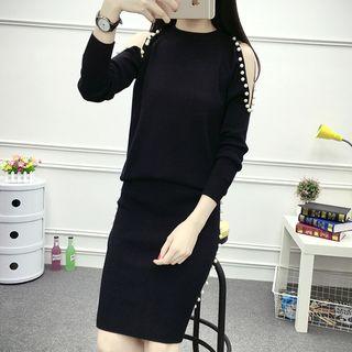 Set: Faux Pearl Cold Shoulder Sweater + Knit Skirt