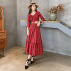 Print Cutout Waist Long-sleeve Dress