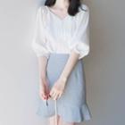 V-neck Elbow-sleeve Blouse / Ruffle Hem Mini A-line Skirt / Set