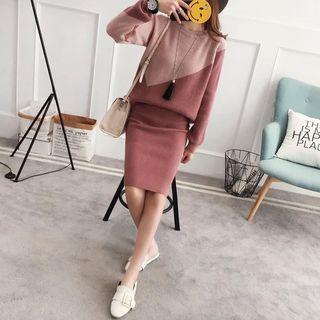 Set: Colour Block Long-sleeve Knit Sweater + Mini Skirt