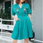 Short-sleeve Floral Embroidered Open-collar A-line Shirtdress
