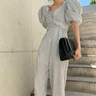 Puff-sleeve Striped Wide-leg Jumpsuit