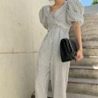 Puff-sleeve Striped Wide-leg Jumpsuit