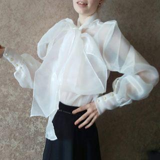 Bow Accent Mesh Long-sleeve Blouse