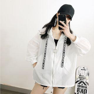 Lettering Strap Hooded Zip-up Light Jacket
