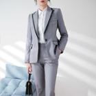 Set: Contrast Trim Blazer + Dress Pants + Long-sleeve Shirt