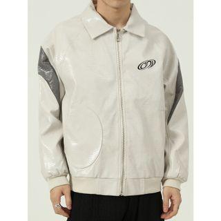 Logo Embroidered Faux Leather Zip Jacket