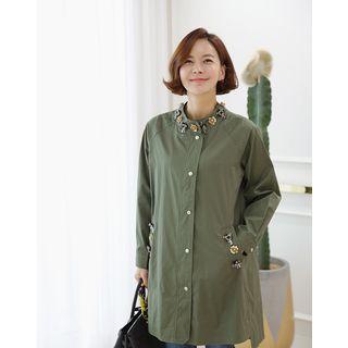 Raglan-sleeve Floral-embellished Zip-up Jacket