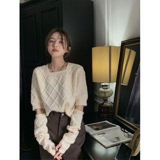 Set: Short-sleeve Knit Top + Arm Sleeves Off-white - One Size