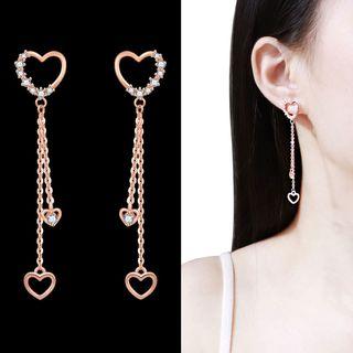 Rhinestone Heart Fringed Earring 1 Pair - Sterling Silver Stud - Rose Gold - One Size