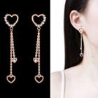 Rhinestone Heart Fringed Earring 1 Pair - Sterling Silver Stud - Rose Gold - One Size