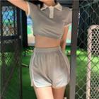 Short-sleeve Collared Cropped T-shirt / Contrast Trim Shorts