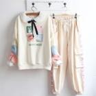 Rabbit Print Sweatshirt / Lace Collar Blouse / Sweatpants / Set