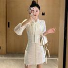 Long-sleeve Chiffon Shirt / Tweed Mini A-line Pinafore Dress