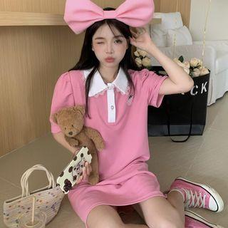 Short-sleeve Two Tone Polo Dress Pink - One Size