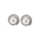 Sterling Silver Fashion Elegant Geometric Round Freshwater Pearl Stud Earrings With Cubic Zirconia Silver - One Size