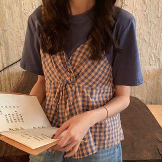 Plaid Panel Short-sleeve Top Blue - One Size