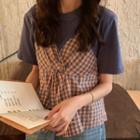 Plaid Panel Short-sleeve Top Blue - One Size