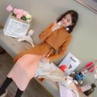 Set: Slit Long-sleeve Dress + Pleated Midi Skirt