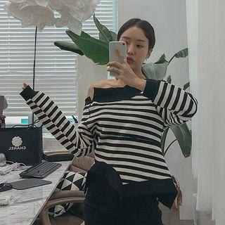 Asymmetric Striped Long-sleeve T-shirt As Shown In Figure - One Size