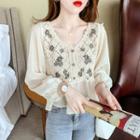 Puff-sleeve Floral Embroidered Paneled Blouse