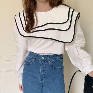 Lantern Sleeve Asymmetrical Sailor Collar Shirt