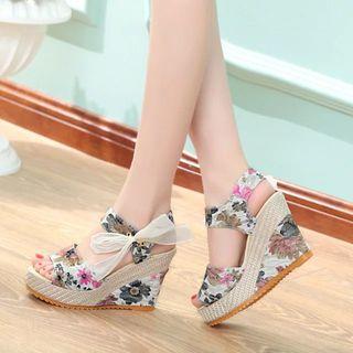 Platform Wedge-heel Floral Print Sandals