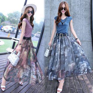 Set: Plain Cap-sleeve T-shirt + Printed Maxi A-line Skirt