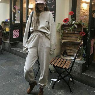 Set: Letter Embroidered Pullover + Cuffed Sweatpants