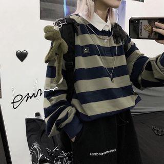 Long-sleeve Striped Polo Shirt Stripes -black & Green - One Size