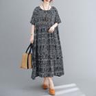 Printed Elbow-sleeve Maxi Shift Dress Black - One Size