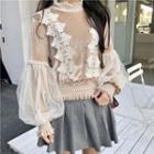 Lace Trim Balloon-sleeve Top
