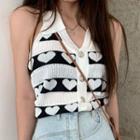Halter-neck Heart Print Knit Crop Top White & Black - One Size
