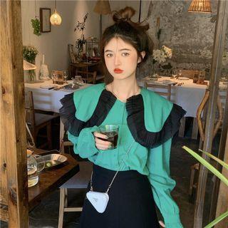 Puff-sleeve Ruffle Collar Blouse Green - One Size
