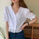 Short-sleeve Frill Trim V-neck Crop Top White - One Size