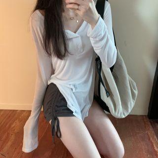 Long-sleeve Button-up T-shirt / Drawstring Shorts