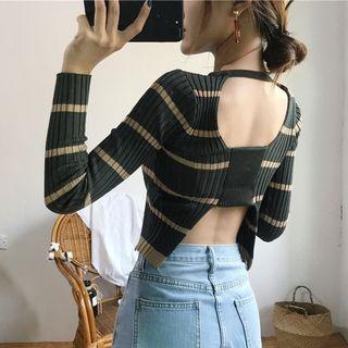 Long-sleeve Open-back Striped Knit Top