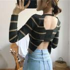 Long-sleeve Open-back Striped Knit Top