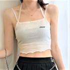 Letter Embroidered Lace Trim Cropped Camisole Top