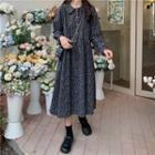 Long-sleeve Peter Pan Collar Floral Printed Midi Dress Navy Blue - One Size
