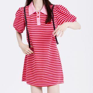 Elbow-sleeve Polo Neck Striped Mini Dress Rose Pink - One Size