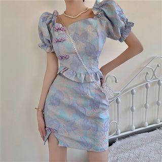 Puff-sleeve Floral Print Frill Trim Crop Top / Mini Pencil Skirt