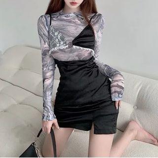 Long-sleeve Marble Print Top / Spaghetti Strap Lace Trim Mini Sheath Dress / Set