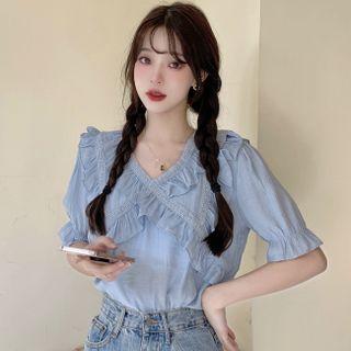 Plain Ruffle Trim Crisscross Blouse