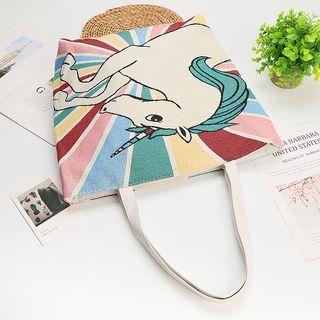 Unicorn Embroidered Tote Bag Green & Yellow & Red - Xl
