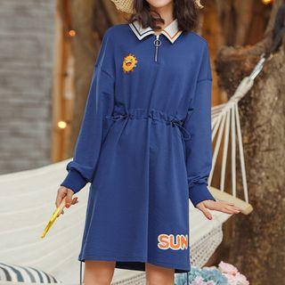 Polo Collar Long-sleeve Sun Embroidered A-line Dress