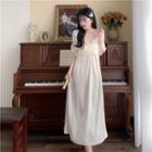 Elbow-sleeve Frill Trim Midi Sleep Dress Beige - One Size