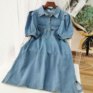 Puff-sleeve Denim Dress Blue - One Size