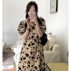 Short-sleeve Floral A-line Dress Beige - One Size