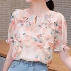 Puff-sleeve Floral Print Ruffled Blouse
